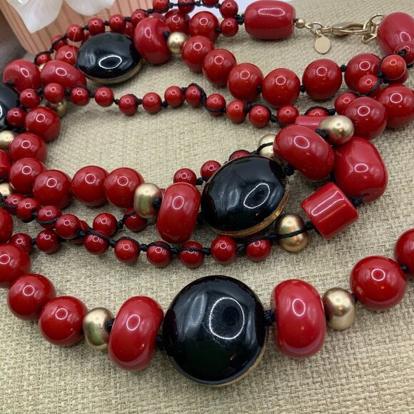 Chico's Red Black Beads Gold Tone Spacers Double Strand Statement Necklace - Picture 1 of 6